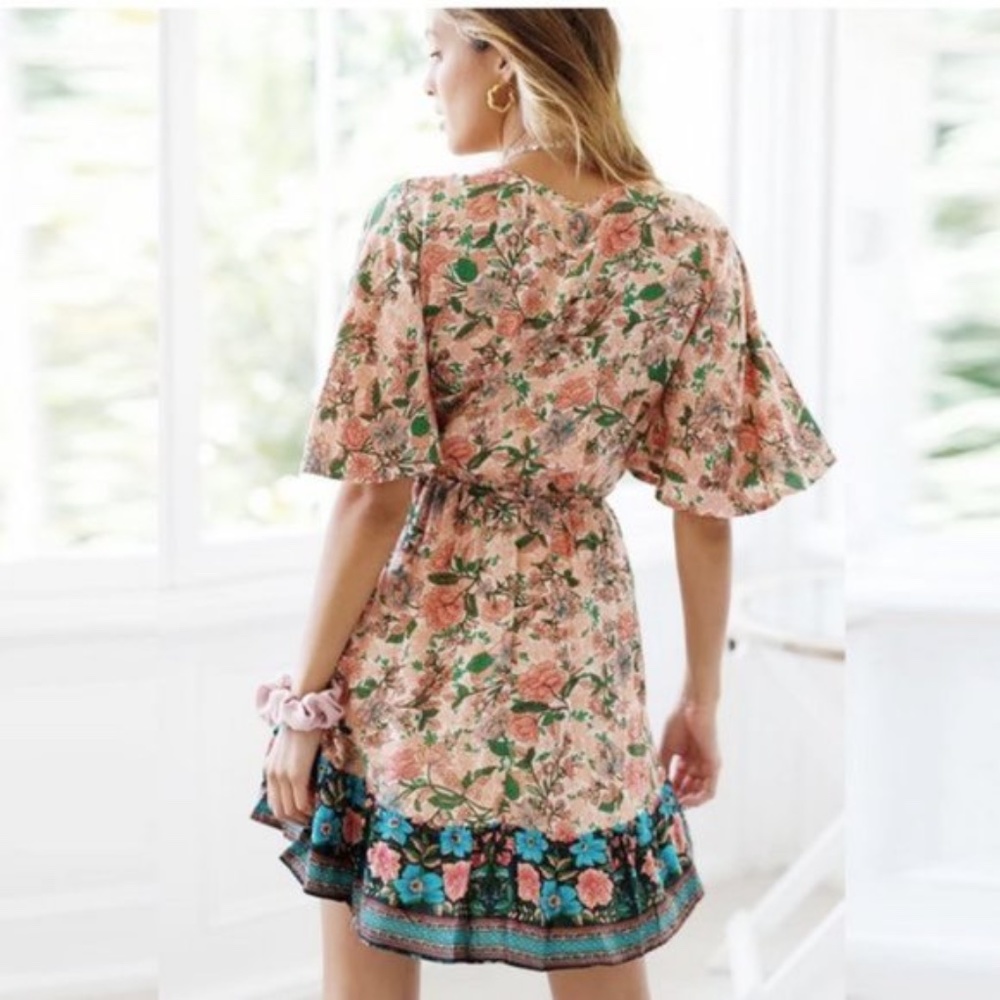 Boho Gypsy blue Floral Print Front tie dress - Picture 4 of 5